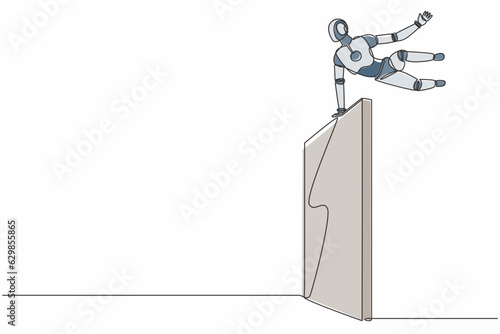 Single one line drawing robot jumps over wall, outside comfort zone. Future technology. Artificial intelligence and machine learning processes. Continuous line draw design graphic vector illustration