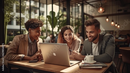 businessman sharing ideas with colleagues at workplace. Confident male professional is discussing with coworkers. They are wearing smart casuals in creative office,ai generate