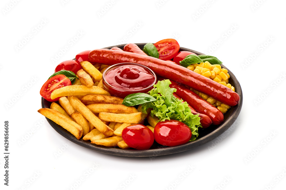 BBQ Roasted pork sausages with french fries, close-up, isolated on white background. BBQ Roasted pork sausages with french fries, close-up, isolated on white background.