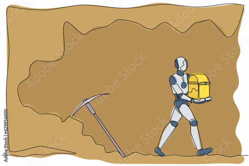 Continuous one line drawing robot carrying treasure chest from underground. Humanoid robot cybernetic organism. Future robotics development concept. Single line draw design vector graphic illustration