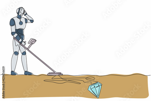 Single one line drawing robot with metal detector looking for diamonds. Future technology development. Artificial intelligence and machine learning. Continuous line design graphic vector illustration