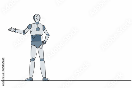 Continuous one line drawing robot showing something or presenting project. Humanoid robot cybernetic organism. Future robotic development concept. Single line draw design vector graphic illustration © Simple Line