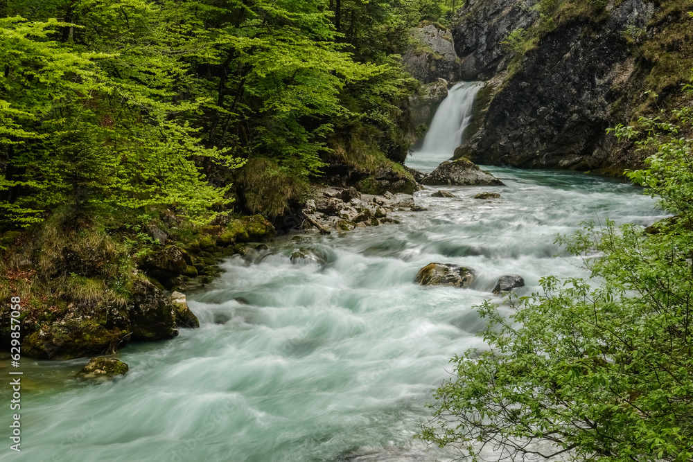 flowing torrent with a waterfall in a rocky green mountain landscape flowing torrent with a waterfall in a rocky green mountain landscape