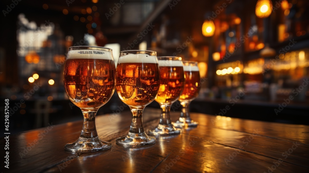 Draft beer in glasses on bar stand in line bar blur background