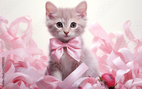 Cat wearing pink ribbon for World Breast Cancer Day Concept, Ai