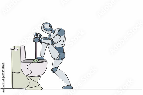 Single continuous line drawing robot fix plumbing toilet leakage or clogging, plumber repair tools. Robotic artificial intelligence. Electronic technology. One line graphic design vector illustration