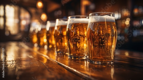 Draft beer in glasses on bar stand in line bar blur background