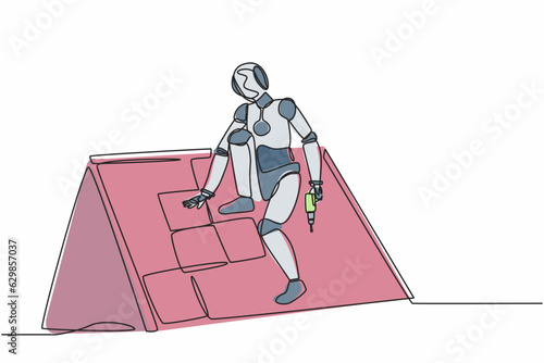 Continuous one line drawing robot roofer installing wooden or bitumen shingle. Humanoid robot cybernetic organism. Future robotics development. Single line draw design vector graphic illustration