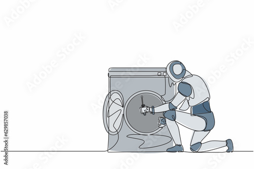 Single one line drawing robot repairman fixing washing machine at home. Future technology development. Artificial intelligence and machine learning. Continuous line design graphic vector illustration