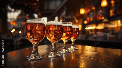 Draft beer in glasses on bar stand in line bar blur background © sirisakboakaew