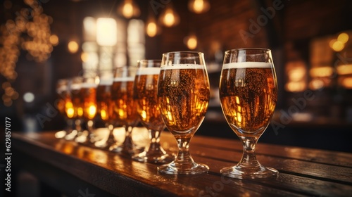 Draft beer in glasses on bar stand in line bar blur background