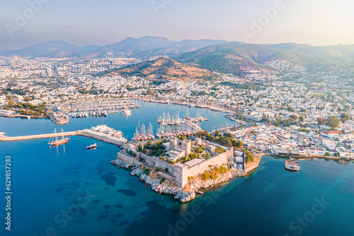 Aerial view of Bodrum ancient castle in resort town of Bodrum in Turkey at sunrise