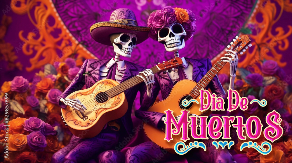 Day of The Dead or Dia de los Muertos Poster Design with Skeleton Playing Guitar, Orange Flowers and Burning Candles. Day of The Dead or Dia de los Muertos Poster Design with Skeleton Playing Guitar, Orange Flowers and Burning Candles.