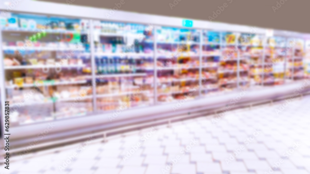 Abstract blur image of empty supermarket background. Defocused shelves with products. Grocery shopping. Store. Retail industry. Food. Rack. Discount. Inflation and crisis concept. Aisle. CPG. Purchase