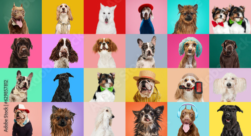 Fototapeta Naklejka Na Ścianę i Meble -  Creative collage made of different breeds of dogs wearing clothes and accessories, posing over multicolored background. Funny muzzles. Concept of animal life, pet friend, care, vet, ad