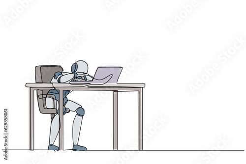 Single one line drawing robot throwing tantrum in office holding head with hands. Future technology development. Artificial intelligence machine learning. Continuous line design vector illustration