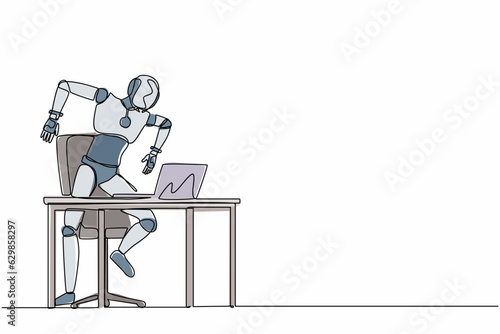Single one line drawing frustrated robot shouting screen laptop on his working desk. Future technology development. Artificial intelligence machine learning. Continuous line design vector illustration