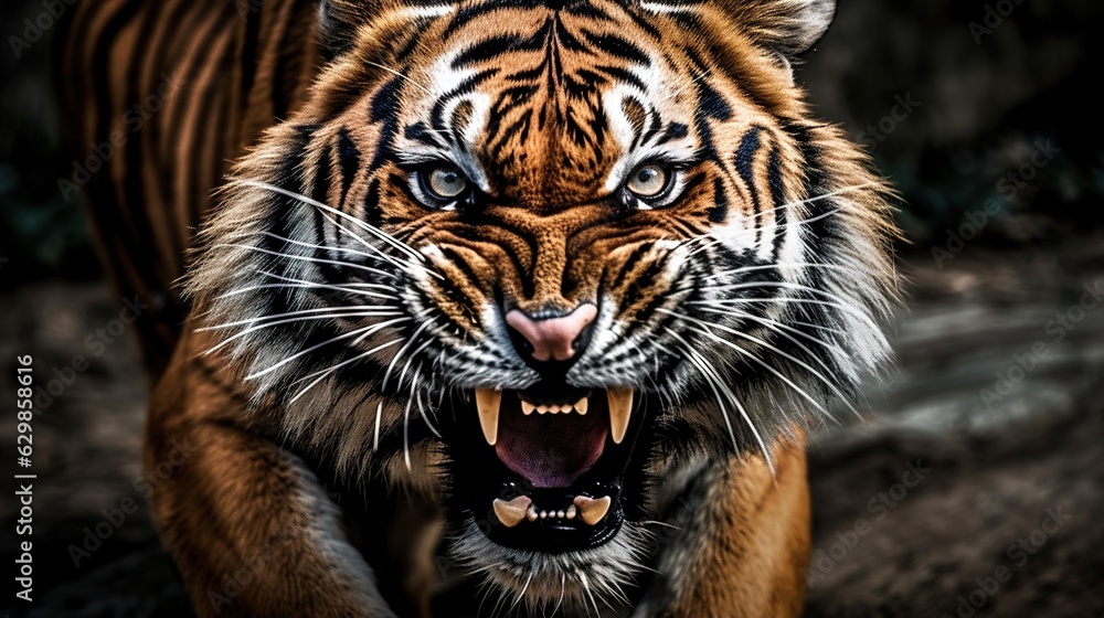 Fototapeta premium Furious tiger growling and sprinting aggressively, wildlife, action shot, with generative AI.
