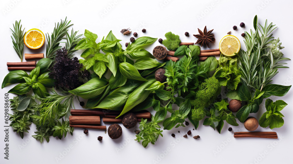 Fototapeta premium Fresh organic Mediterranean herbs and spices elements isolated white background, sage, rosemary twig and leaves, thyme, oregano, basil, green and black pepper, top view, flat lay