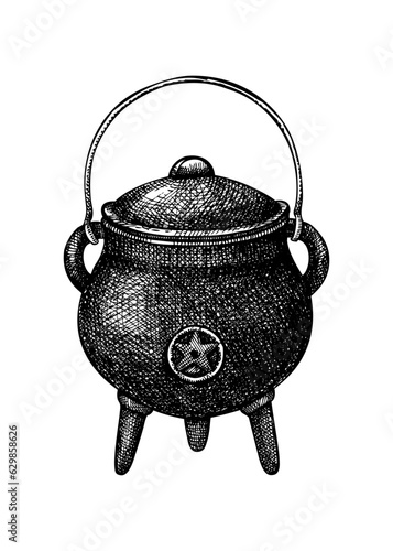 Witch pot with magic symbol sketch. Vintage pan drawing for witchcraft, alchemy. Сooking utensils Ink vector illustration isolated on white background. Hand drawn Halloween design element