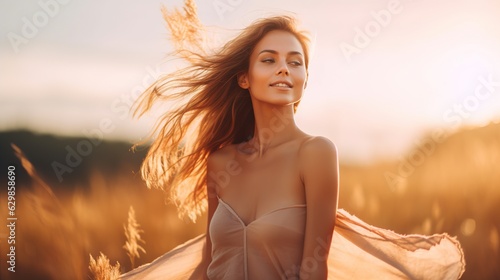 Be yourself. The girl in the field. Girl enjoy with sunshine in wheat field. Emotional portrait of a beautiful confident woman.