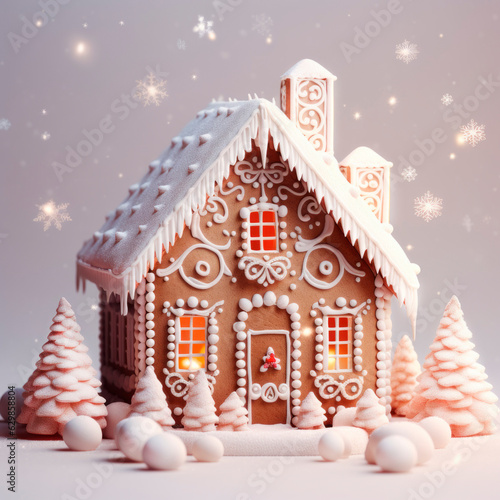 A beautiful fairy-tale Christmas gingerbread house. The concept of Christmas. Minimalism. Banner.