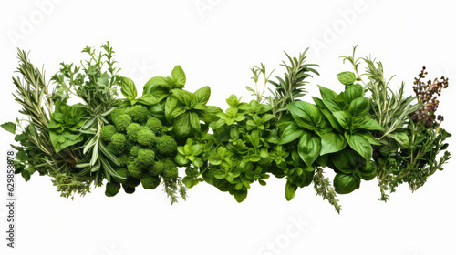Fresh organic Mediterranean herbs and spices elements isolated white background, sage, rosemary twig and leaves, thyme, oregano, basil, green and black pepper, top view, flat lay