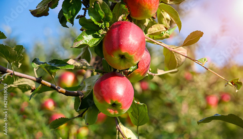 Fototapeta Naklejka Na Ścianę i Meble -  Harvest time in South Tyrol - ripe red apples on a branch of an apple tree on a fruit meadow in the sunlight
