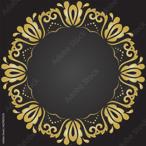 Oriental black and golden round vector ornament with arabesques and floral elements. Traditional classic ornament. Vintage pattern with arabesques