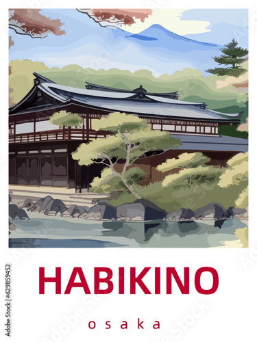 Habikino: Retro tourism poster with a Japanese scene and the headline Habikino in Osaka