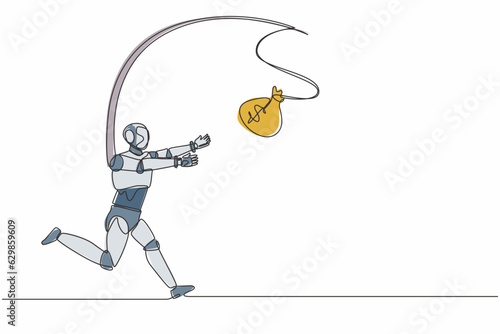 Single one line drawing robot chasing bag of money. Foolishness, stupidity. Future technology development. Artificial intelligence and machine learning. Continuous line draw design vector illustration