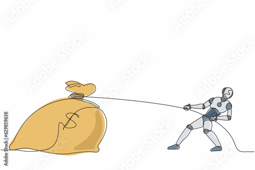 Continuous one line drawing robot struggling to pull big bag of money because it is too heavy. Humanoid robot cybernetic organism. Future robotic. Single line draw design vector graphic illustration