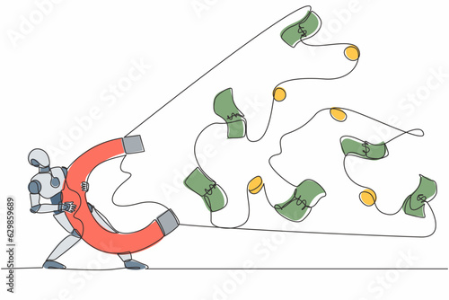 Single one line drawing robot using big magnet to attract money. Future technology development. Artificial intelligence and machine learning. Continuous line draw design graphic vector illustration