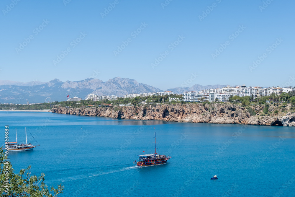 Touristic boats at the bay in Antalya, Mediterranean Sea. Turkey