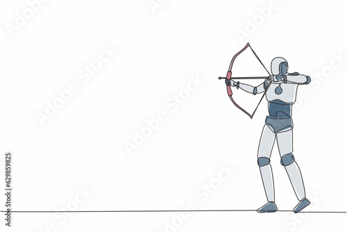 Single continuous line drawing robot trying to shoot target with blindfold. Modern robotic artificial intelligence. Electronic technology industry. One line draw graphic design vector illustration
