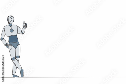 Single one line drawing robot standing or leaning with thumbs up gesture. Future technology development. Artificial intelligence and machine learning. Continuous line draw design vector illustration