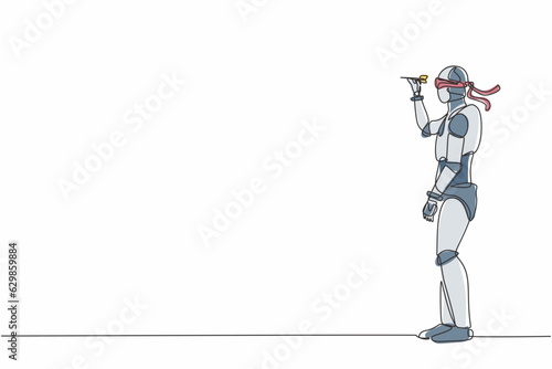 Single continuous line drawing robot blindfolded throwing dart. Unclear target, blind business vision. Robotic artificial intelligence. Electronic technology. One line draw design vector illustration