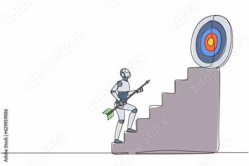 Single continuous line drawing robot holding arrow running up stairway to high target. Robotic artificial intelligence. Electronic technology industry. One line draw graphic design vector illustration