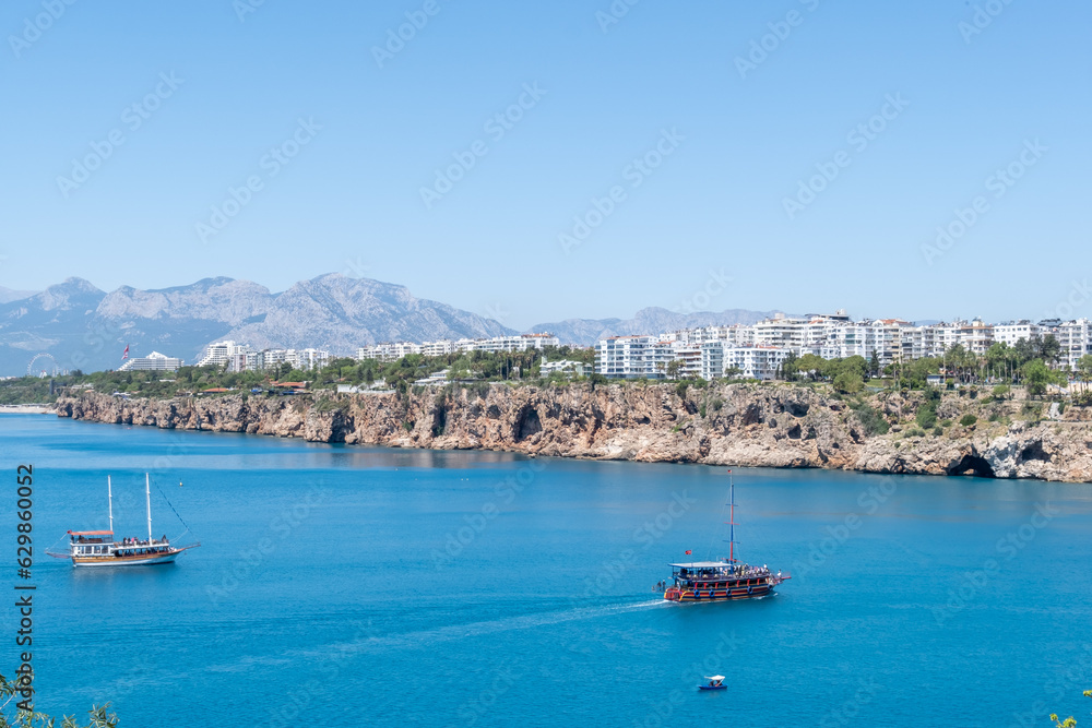 Touristic boats at the bay in Antalya, Mediterranean Sea. Turkey