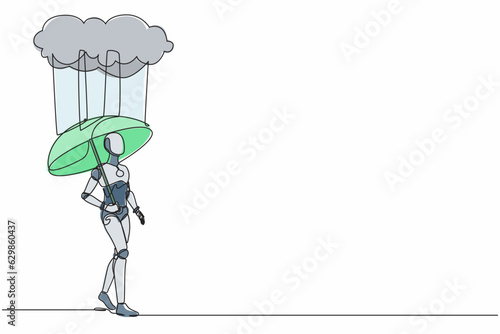 Continuous one line drawing robot with umbrella stand under rain cloud. Depression, passerby at rainy weather. Humanoid robot cybernetic organism. Single line draw design vector graphic illustration
