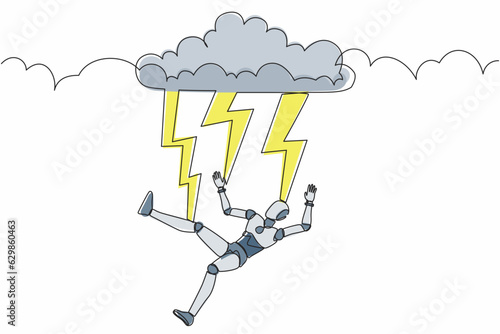 Single continuous line drawing robot struck by lightning or thunder from dark cloud. Robotic artificial intelligence. Electronic technology industry. One line draw graphic design vector illustration
