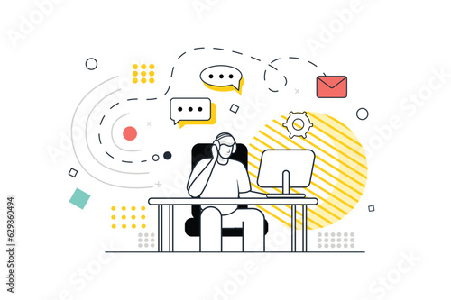 Concept call center with people scene in the flat line cartoon design. A call center employee tries to answer all customer calls. Vector illustration.