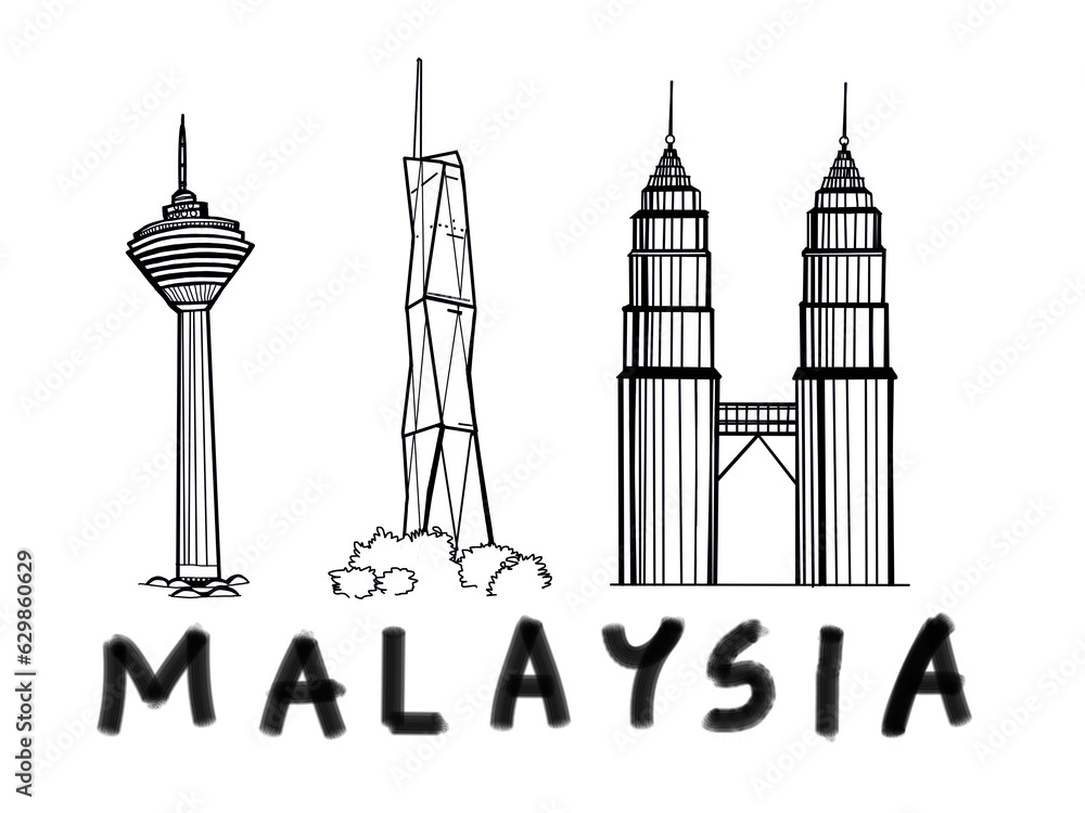 Fototapeta premium Kuala Lumpur Malaysia city landmarks with handwritten Malaysia font