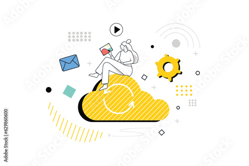 Cloud storage concept with people scene in the flat line cartoon design. Office worker uploads all data to cloud storage for reliability. Vector illustration.