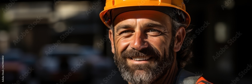 Happy construction worker poster with copy space,