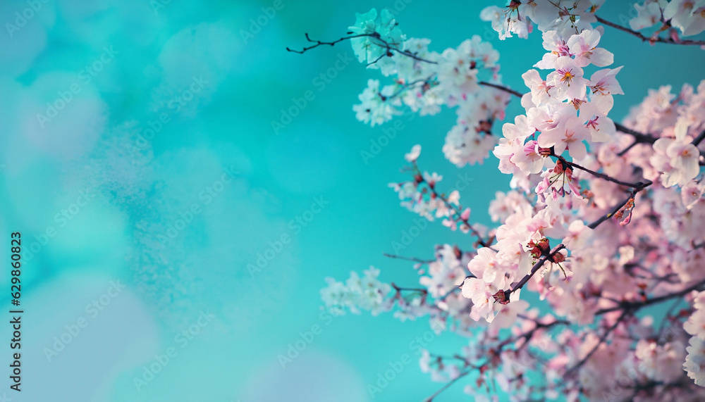 Japanese cherry blossoms as background and texture in blue and turquoise - artistic ally with text free space Japanese cherry blossoms as background and texture in blue and turquoise - artistic ally with text free space