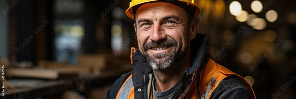 Happy construction worker poster with copy space,