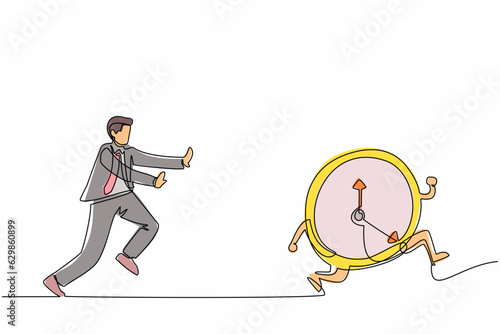 Single one line drawing stressed businessman chasing time or clock. Office worker being chased by work deadlines. Running out of time. Modern continuous line draw design graphic vector illustration