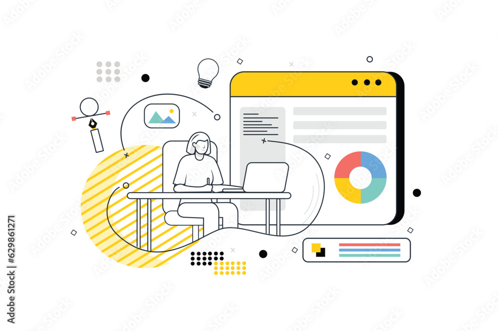 Graphic design concept with people scene in the flat line cartoon style ...