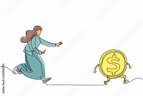 Single continuous line drawing businesswoman run chasing try to catch high performance attractive dollar coin. Chasing high performance active mutual fund. One line graphic design vector illustration